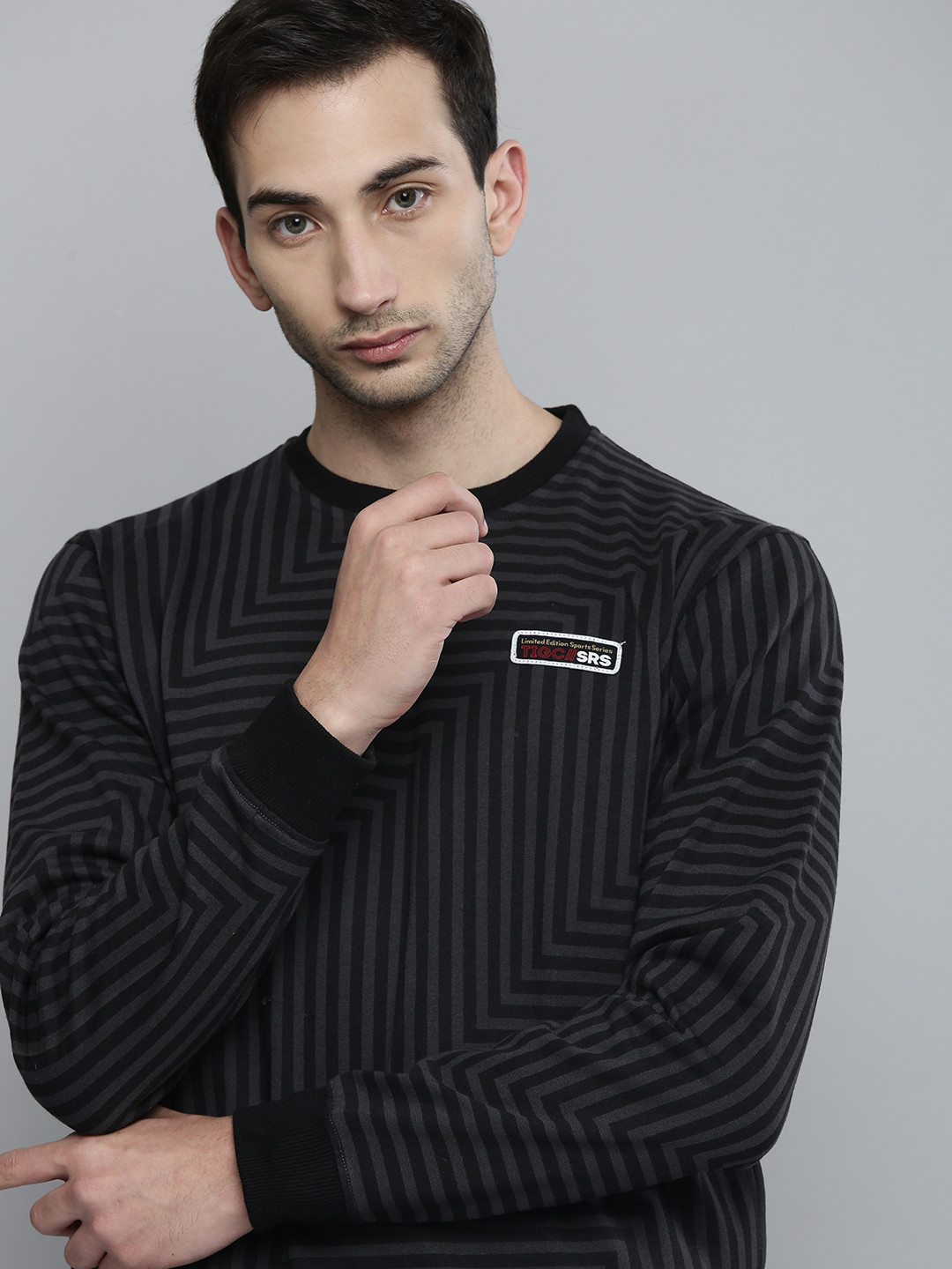 The Indian Garage Co Men Grey Cotton Striped Sweatshirt
