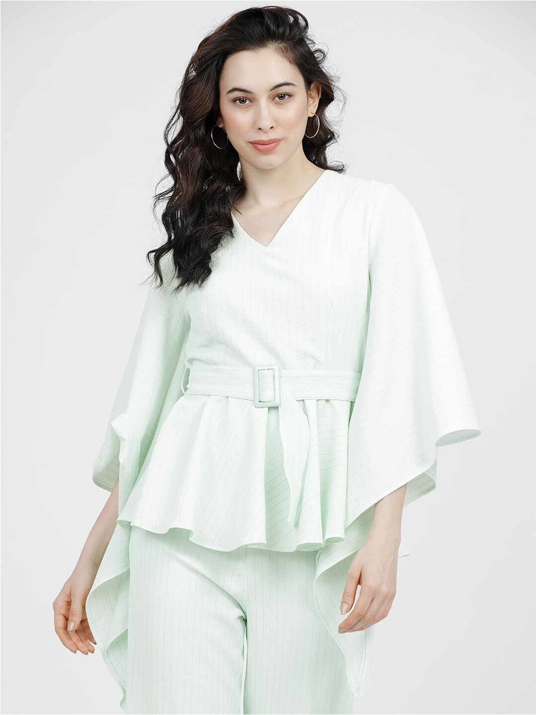 Tokyo Talkies Mint Green Striped Ruffles Wrap Top