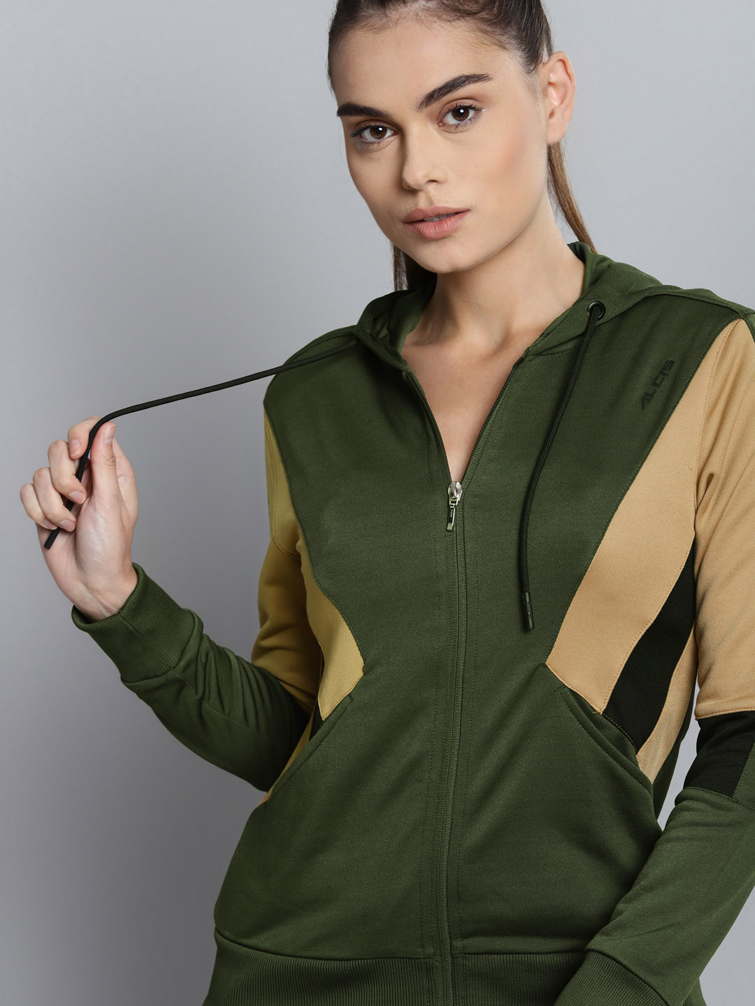 Alcis Women Olive Green Mustard Colourblocked Sporty Jacket