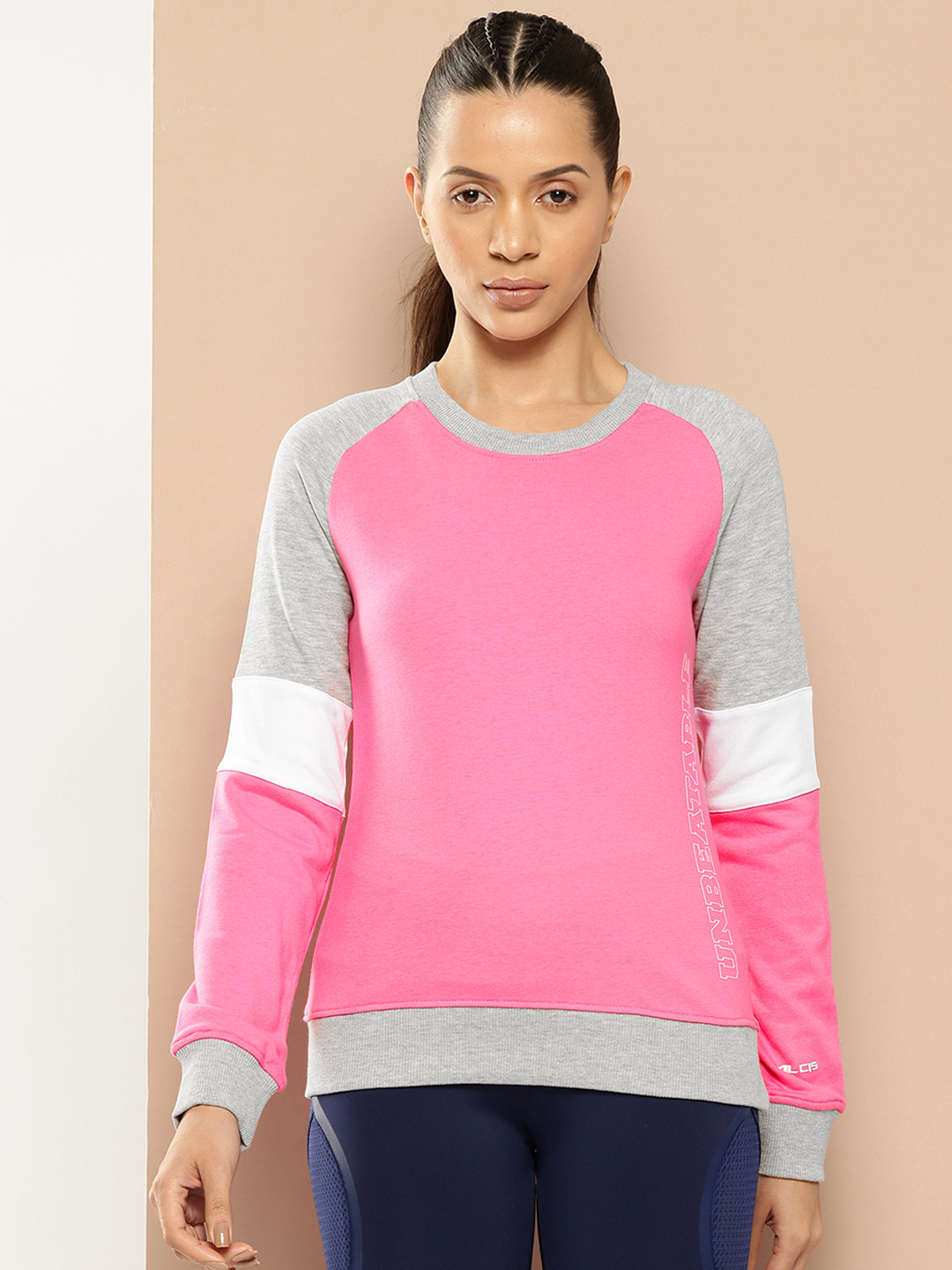 Alcis Women Pink & Grey Melange Colourblocked Cotton Sweatshirt with Side Applique Prints