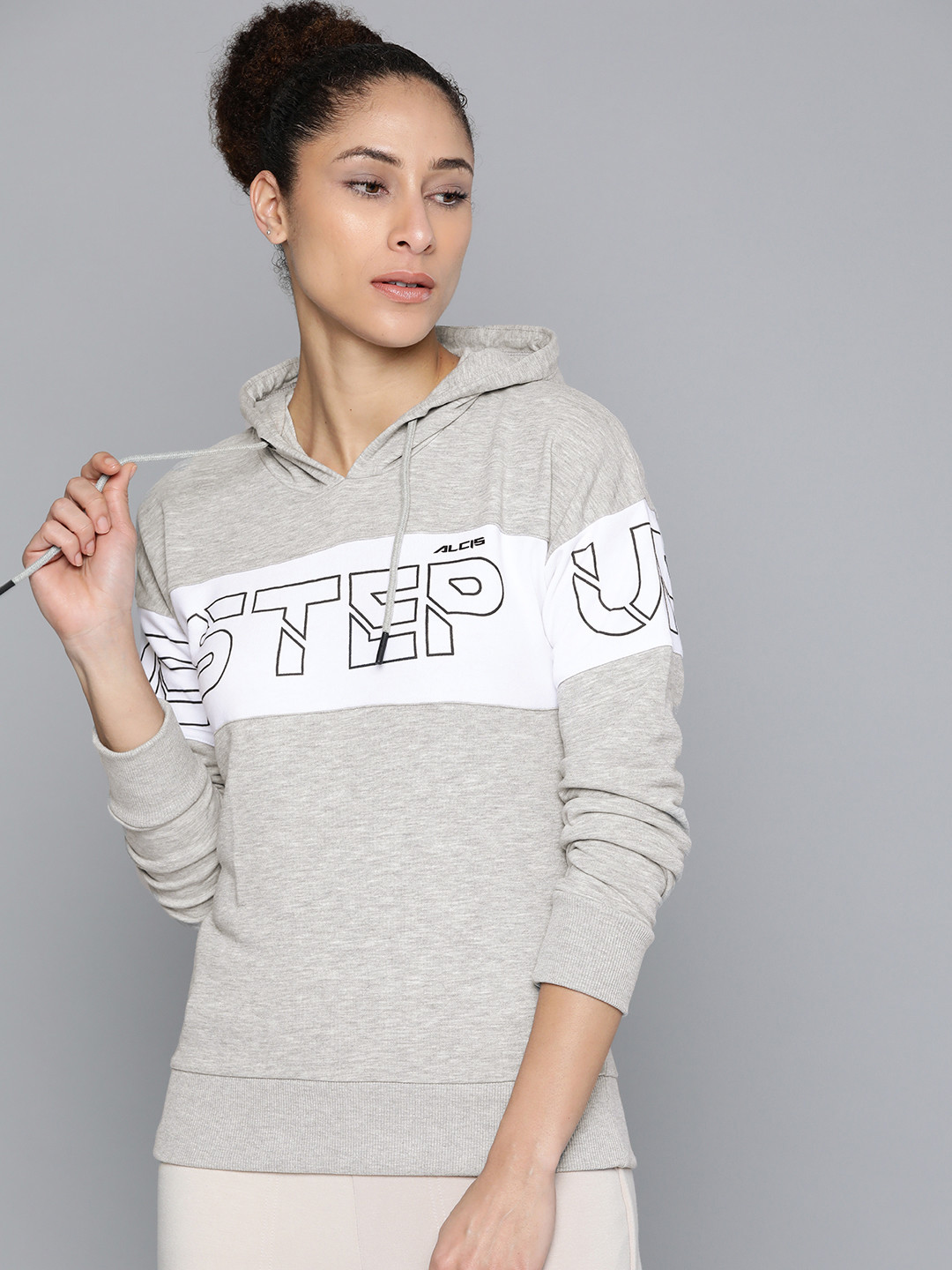 Alcis Women Grey Melange & White Cotton Printed Hooded Sweatshirt