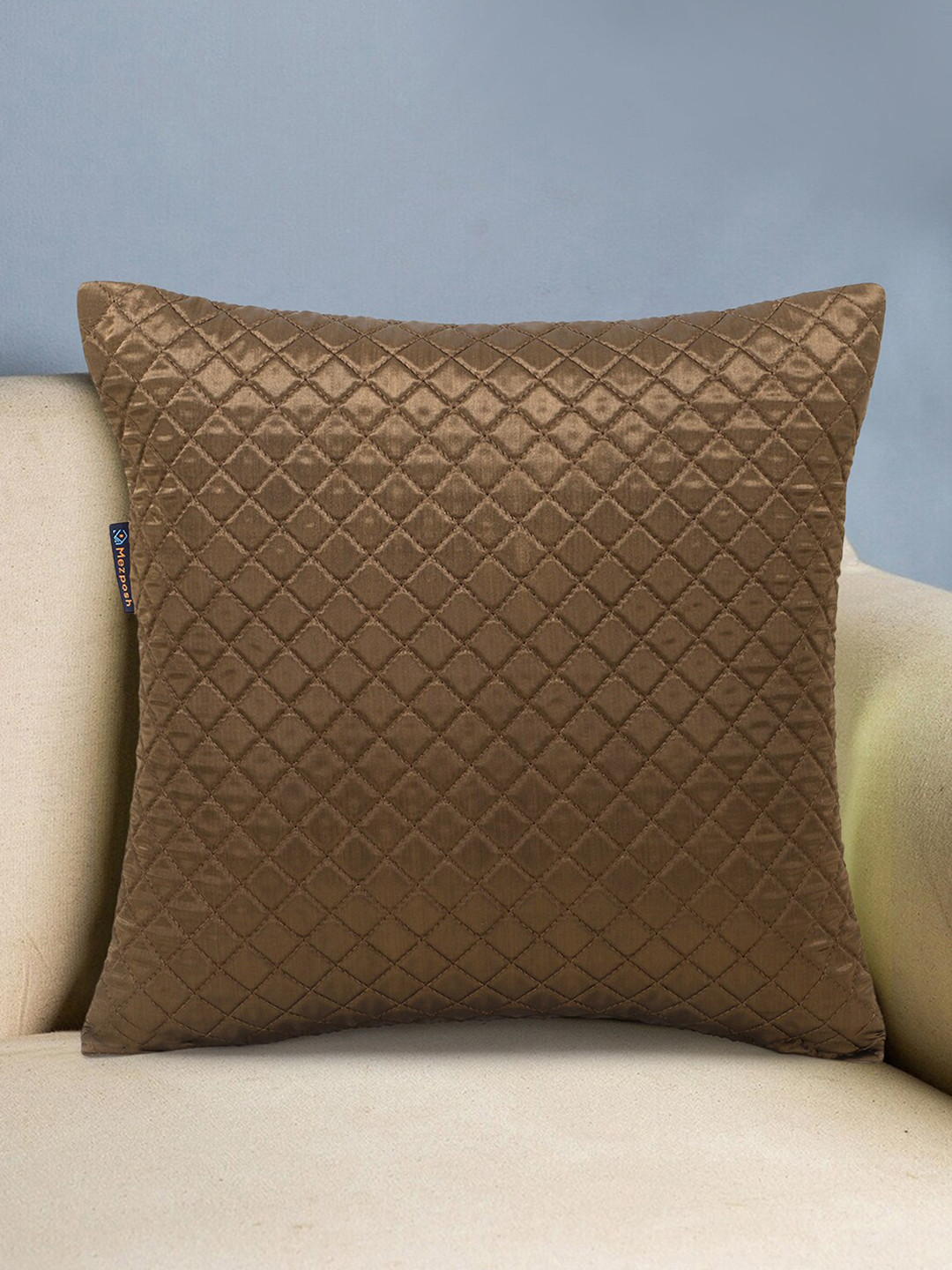 Mezposh Green Geometric Satin Quilted Embroidered Square Cushion Cover -16x16In