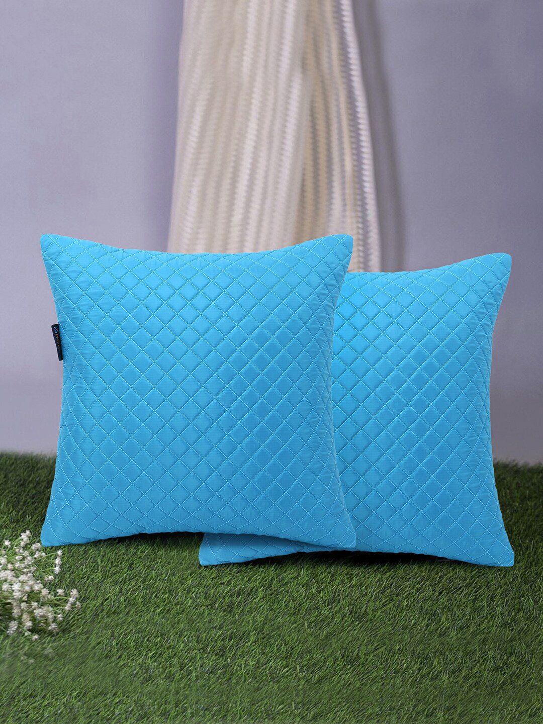 Mezposh Blue Geometric Polyester Quilted 2 Piece Textured Square Cushion Covers -14x14In