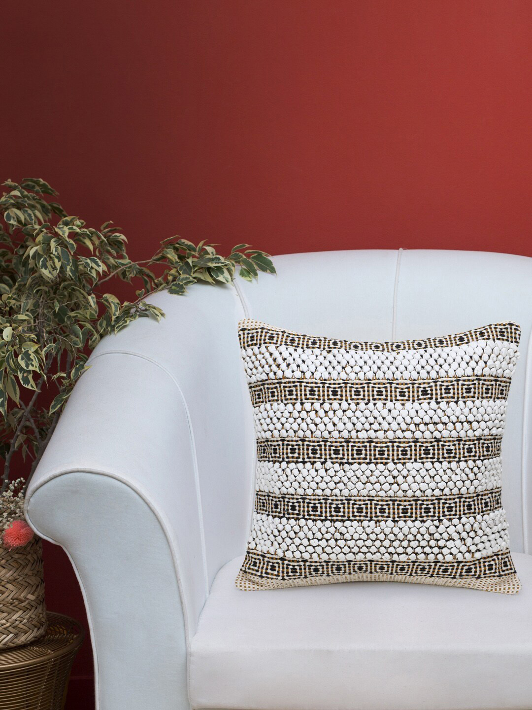 Mezposh Off White Striped Cotton Breathable Textured Square Cushion Cover - 16 x 16 Inches