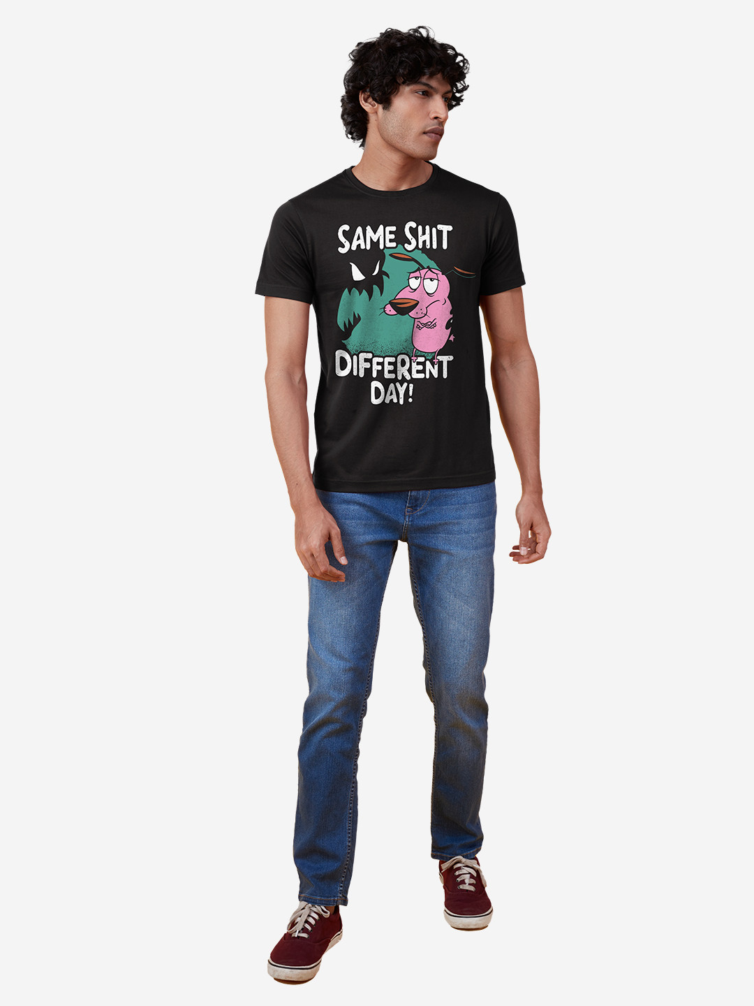 The Souled Store Men Black Printed Courage The Cowardly Dog Applique T-shirt