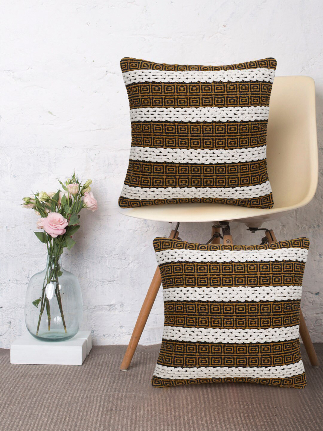Mezposh Striped Cotton Jacquard Breathable 2 Pcs Textured Square Cushion Covers -18x18In