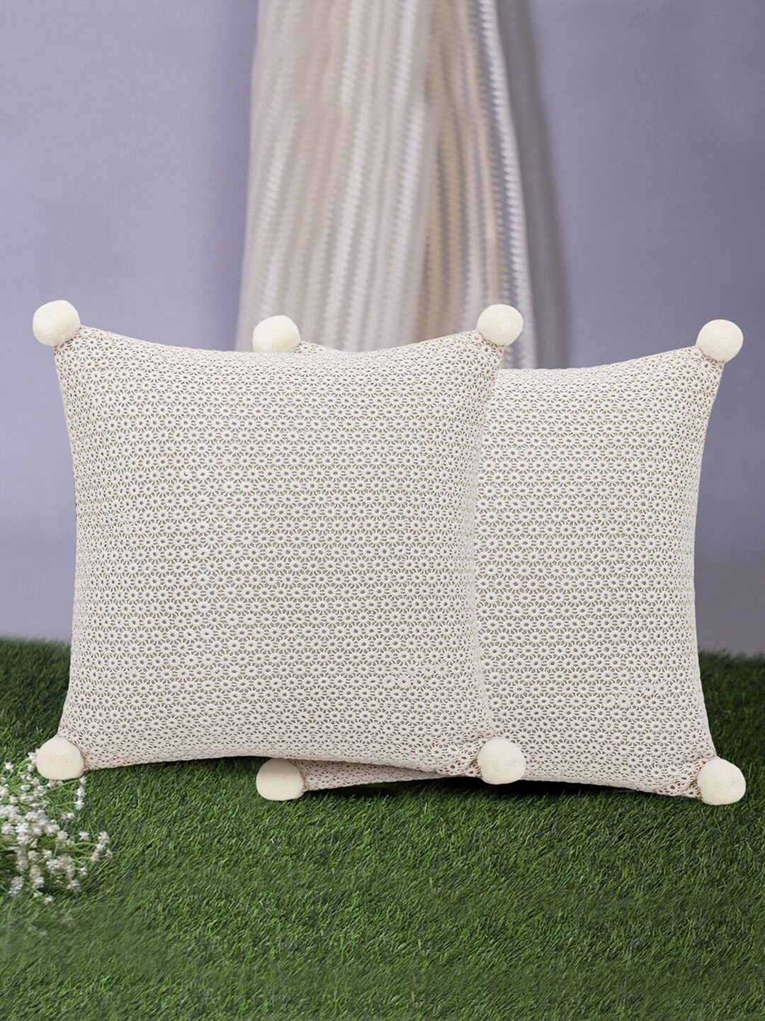 Mezposh Natural Off White Self Design Cotton 2 Pcs Textured Square Cushion Covers -16x16In