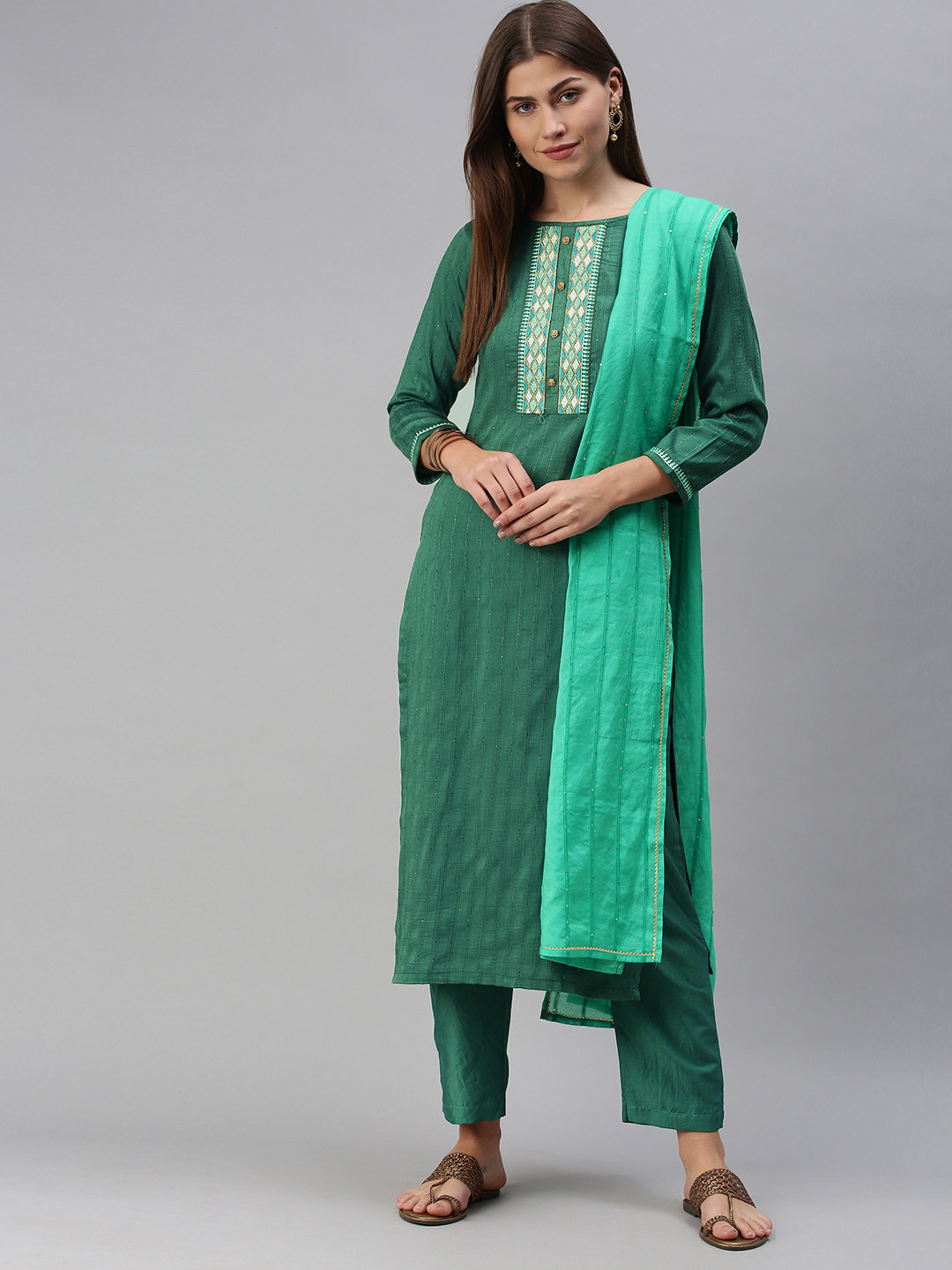 SheWill Women Turquoise Blue Embroidered & Sequence Chanderi Silk Kurta Set