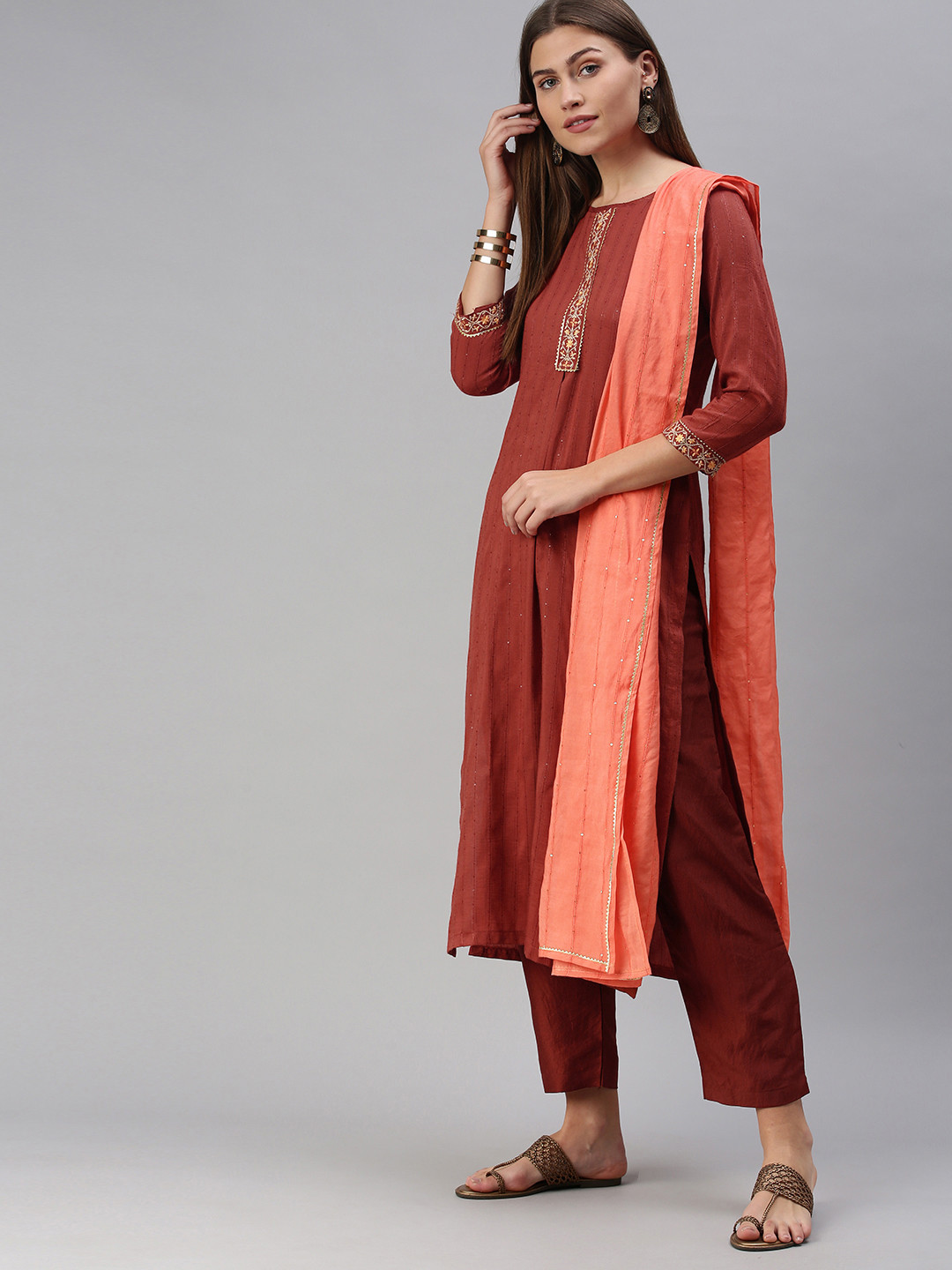 SheWill Women Red Embroidered & Sequence Chanderi Silk Kurta with Trousers & Dupatta