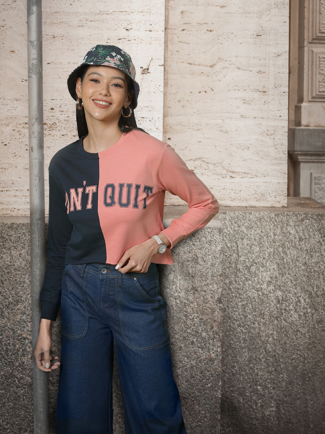 Madame Women Navy Blue & Pink Colourblocked Sweatshirt