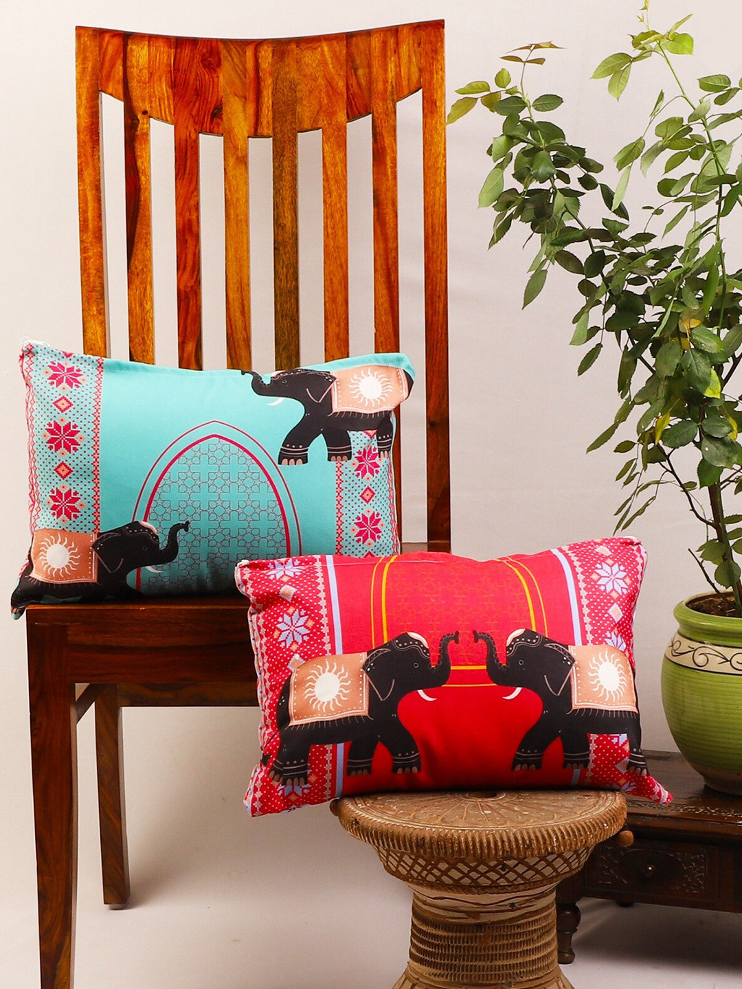 STITCHNEST Set of 2 Teal Blue & Red Elephant Motifs 12'' x 18'' Cushion Cover