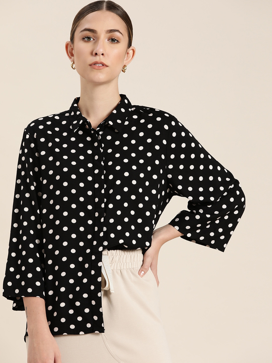 her by invictus Women Black & White Polka Dots Print Casual Shirt