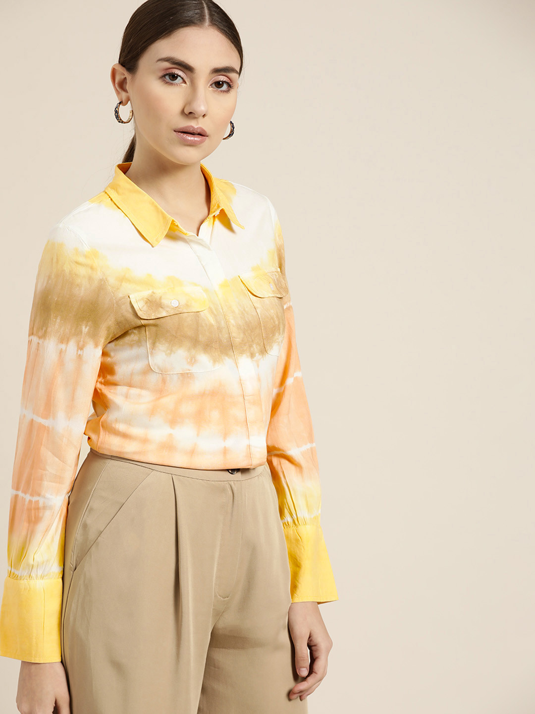 her by invictus Women Beige Abstract Print Casual Shirt