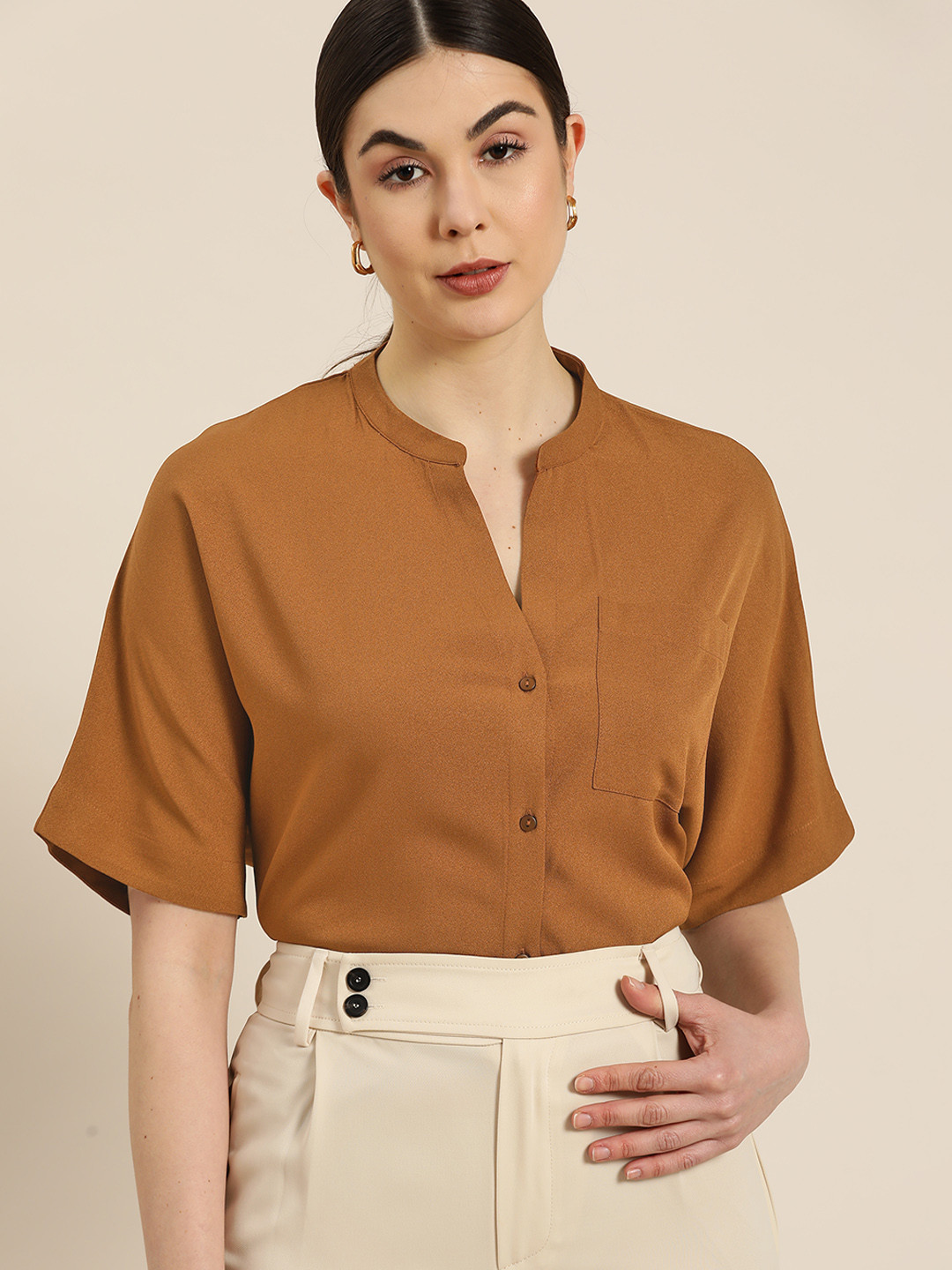 her by invictus Women Brown Solid Boxy Fit Casual Shirt