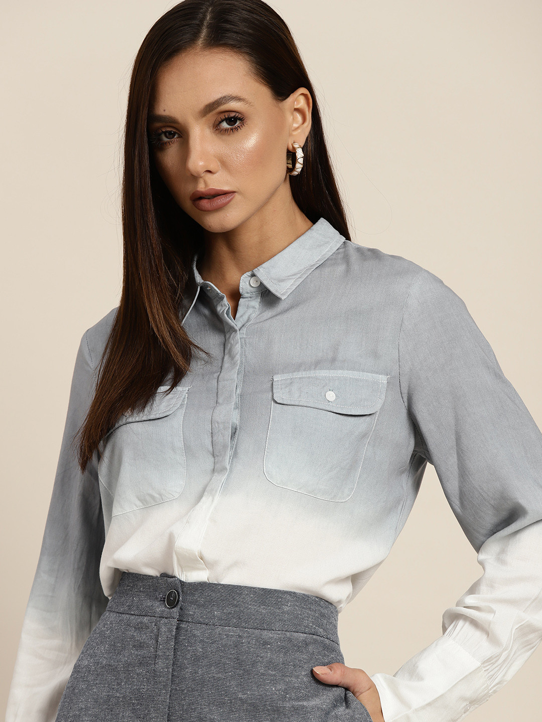 her by invictus Women Grey & White Ombre Printed Casual Shirt