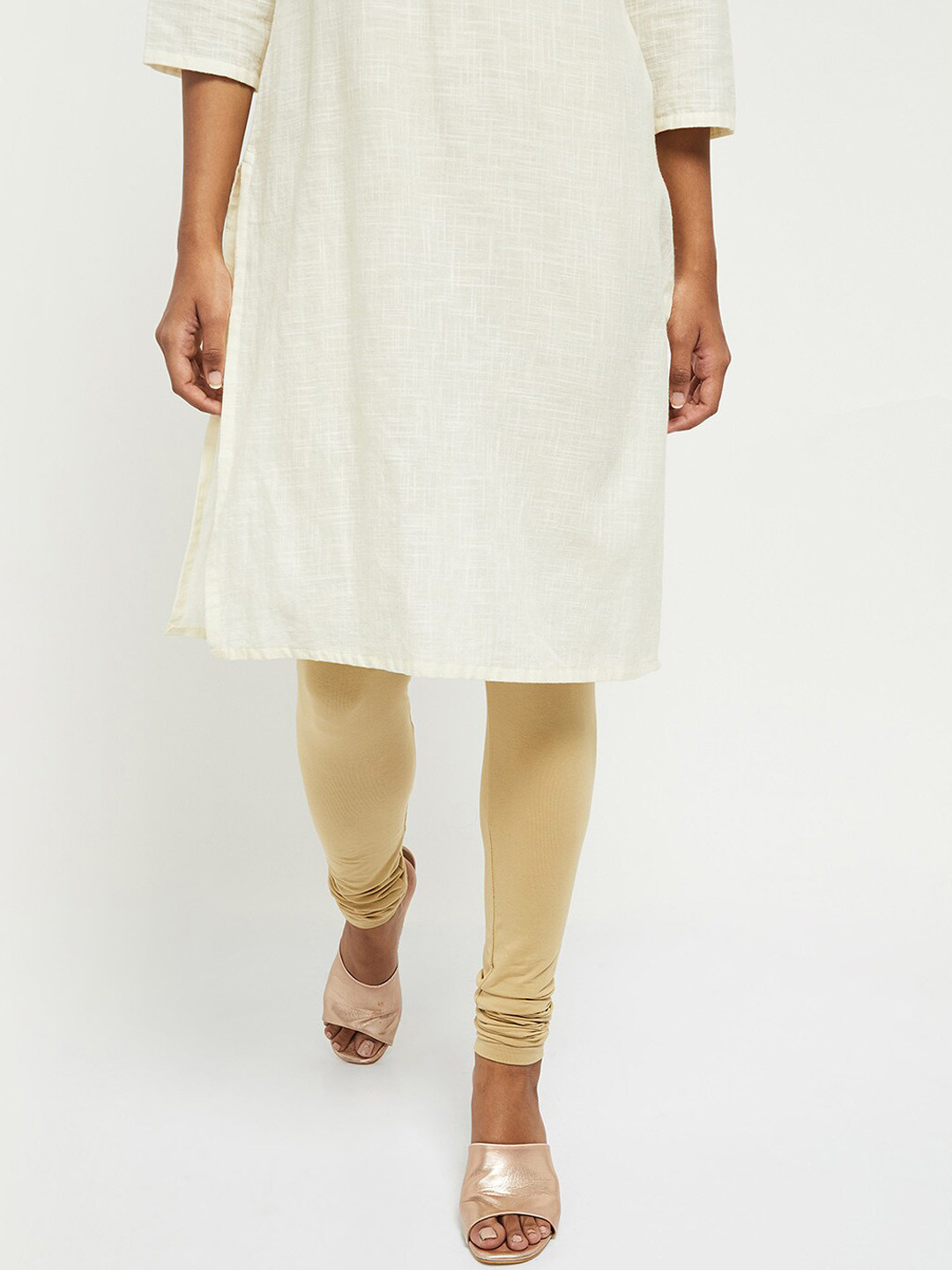 max Women Beige Solid Churidar-Length Leggings