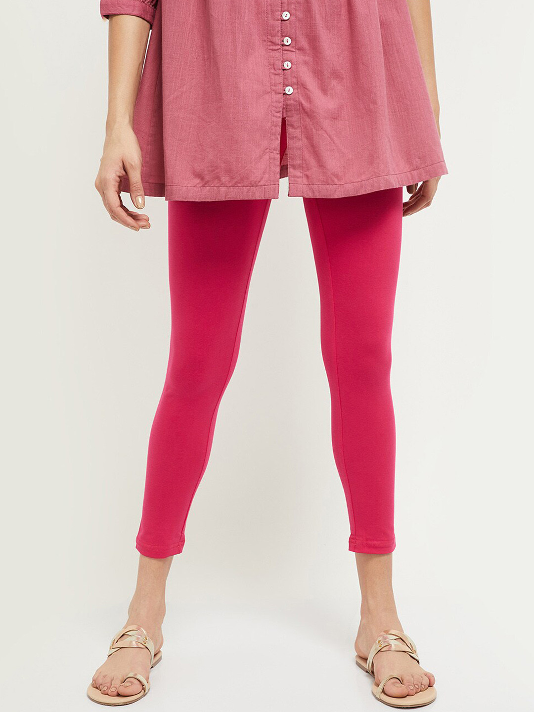 max Women Fuchsia-Pink Solid Ankle-Length Leggings