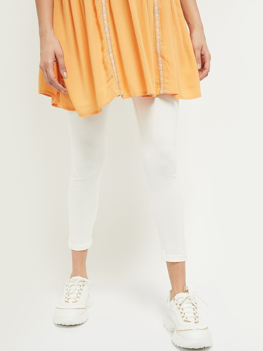 max Women Off White Solid Ankle-Length Leggings