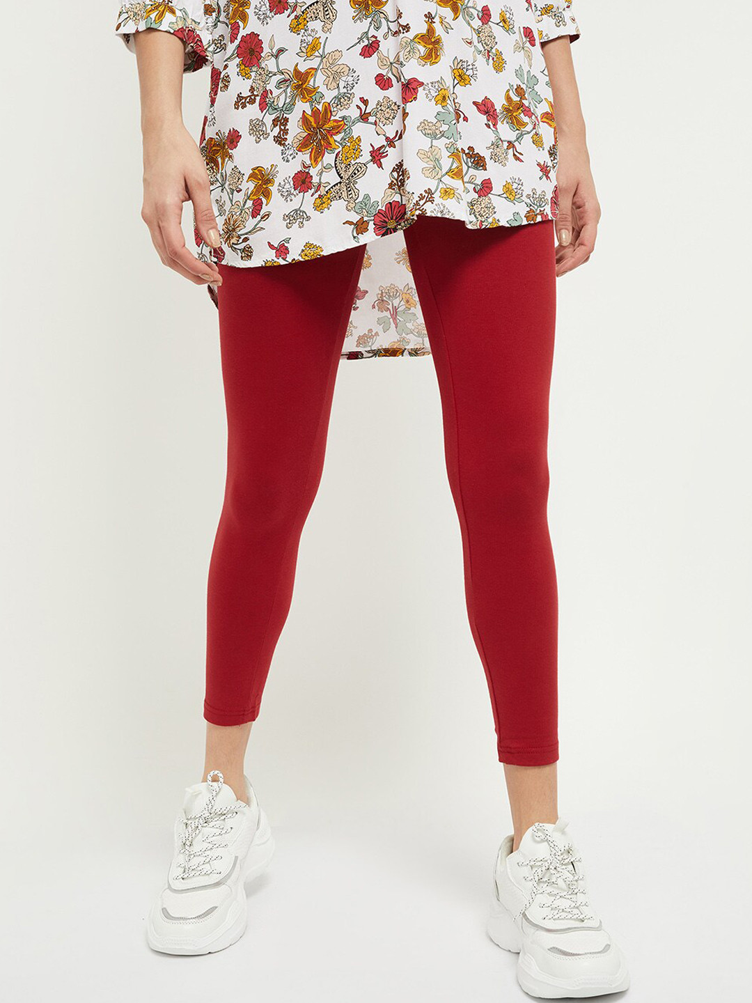 max Women Red Solid Ankle-Length Leggings
