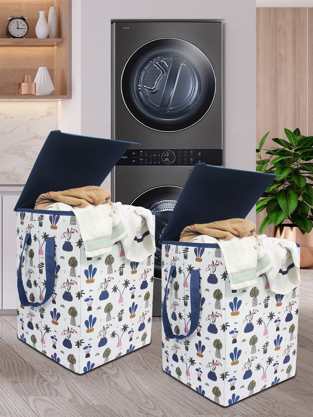 prettykrafts Set of 2 White & Navy Blue Mushroom Print Foldable Laundry Basket