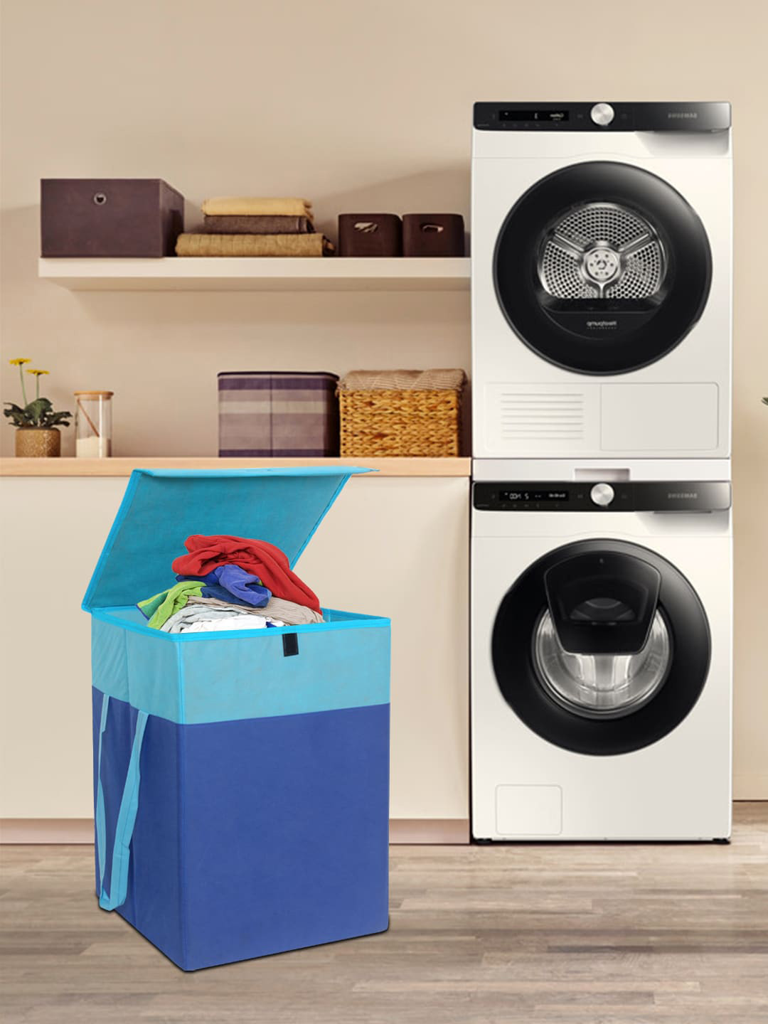 prettykrafts Blue Solid Foldable Laundry Basket With Lid