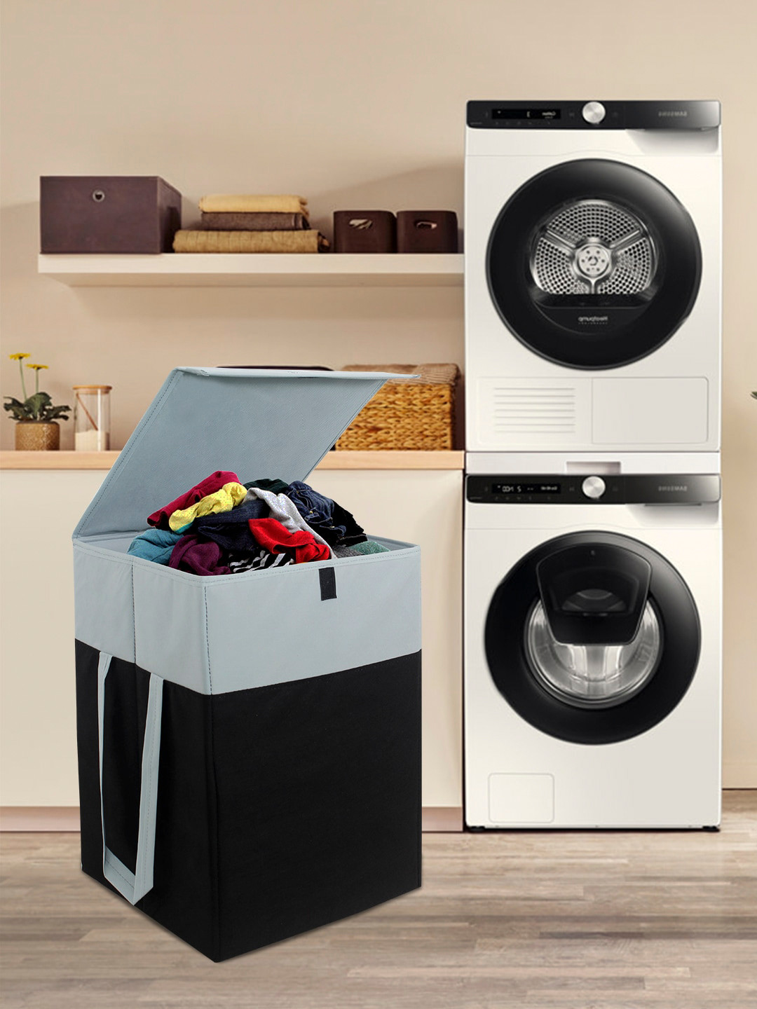 prettykrafts Black & Grey Printed Foldable Laundry Basket With Lid