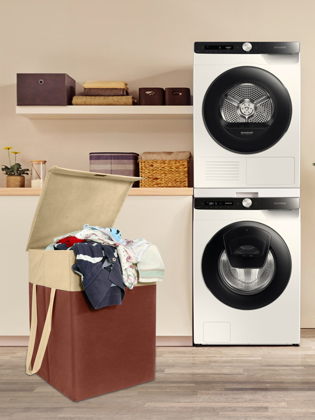 prettykrafts Brown & Beige Printed Foldable Laundry Basket With Lid