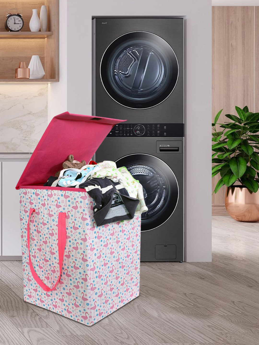 prettykrafts Pink & White Printed Foldable Laundry Basket With Lid
