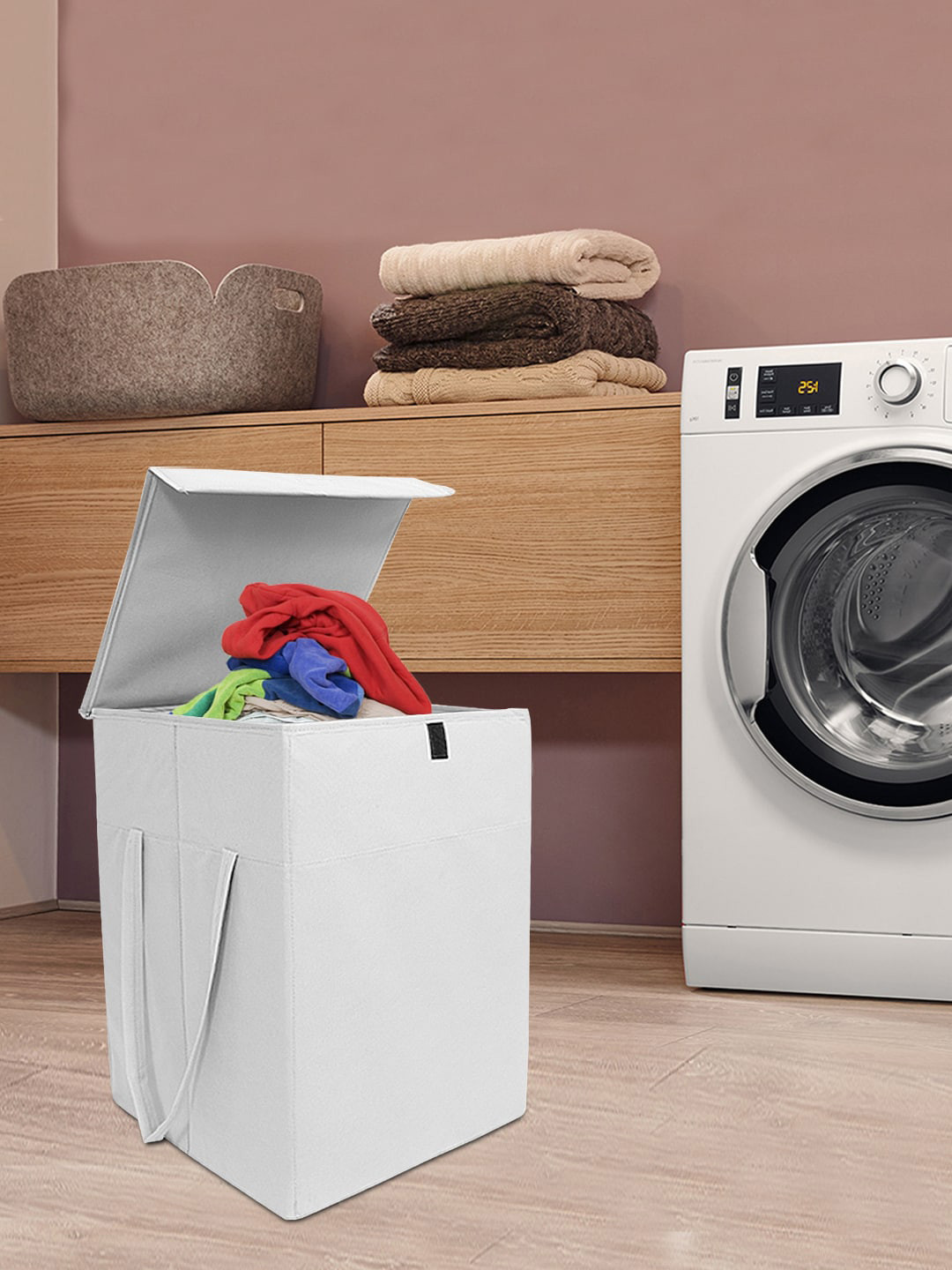 prettykrafts Grey Solid Foldable Laundry Basket With Lid
