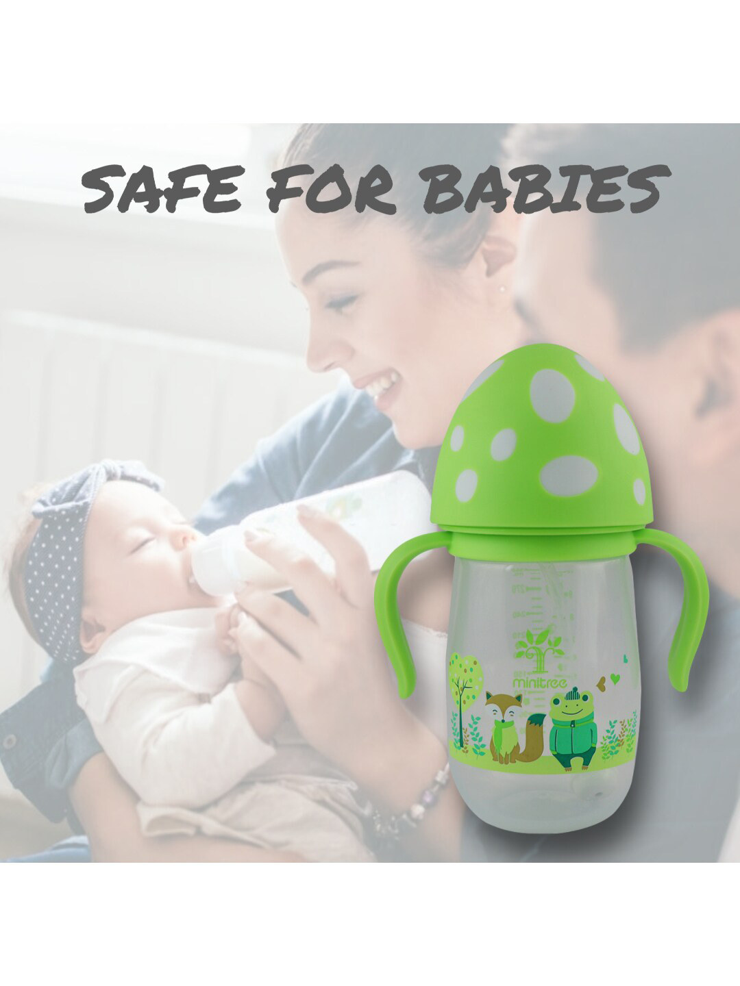 GUCHIGU Green Baby Feeding Bottles with Handle 300ml - 9011C