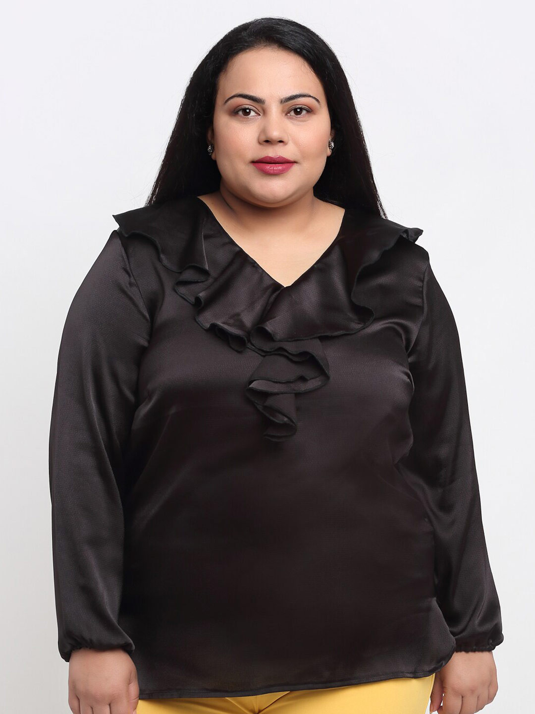 sindrellastorie Black Solid Satin Ruffled Regular Top