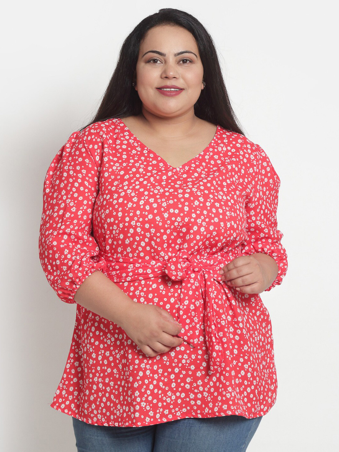 sindrellastorie Coral & White Floral Crepe Cinched Waist Top
