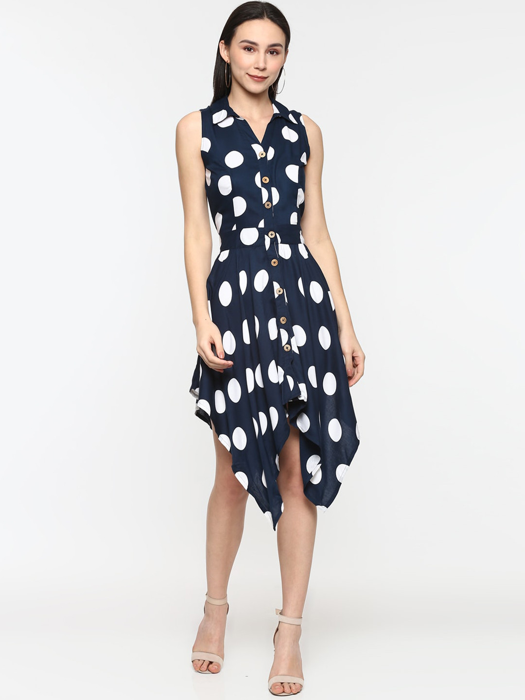 Porsorte Women Navy Blue & White Polka Dot Midi Dress