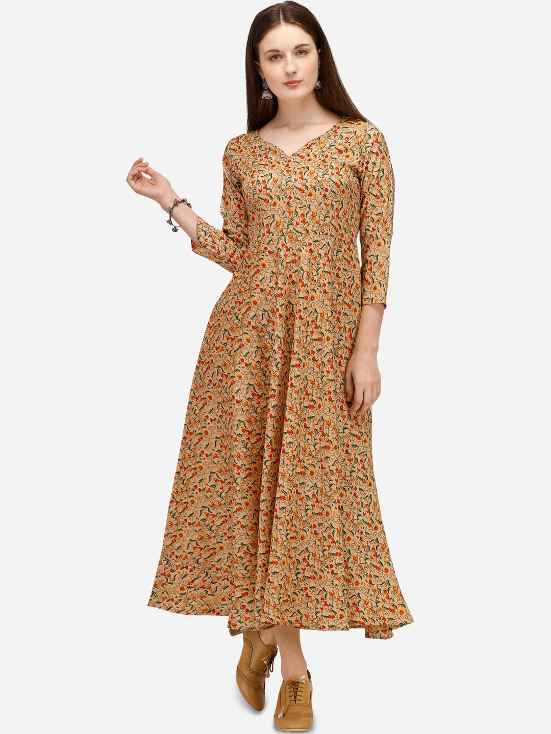 LEWAWAA Tan & Red Ethnic Motifs Maxi Dress