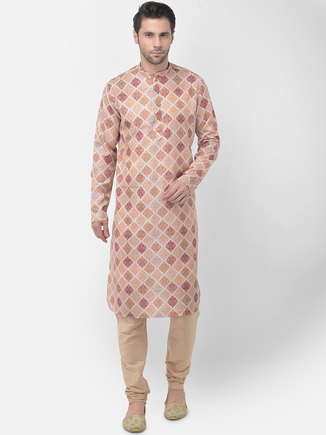 TABARD Men Beige & rose cloud Geometric Printed Kurta