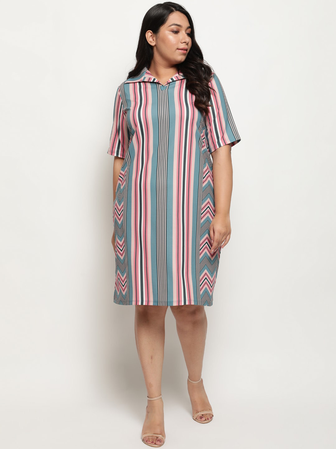 Amydus Women Plus Size Blue Striped Shirt Style Dress