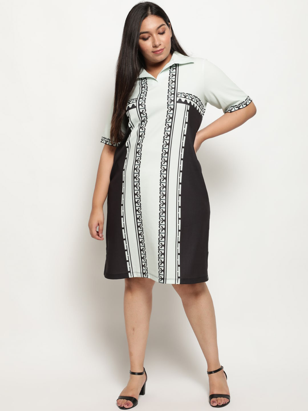 Amydus Women Plus Size White & Black Printed Shirt Dress