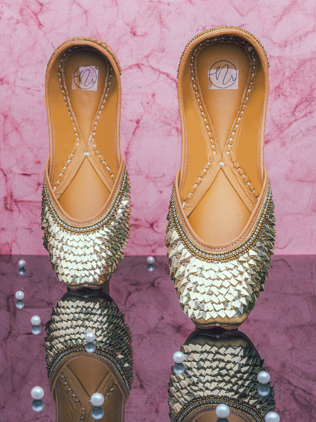 NR By Nidhi Rathi Women Gold-Toned Embellished Leather Ethnic Mojaris Flats