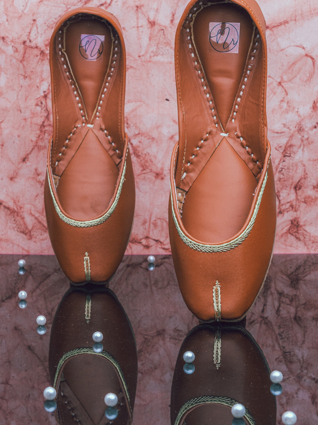 NR By Nidhi Rathi Women Tan Embellished Leather Ethnic Mojaris Flats