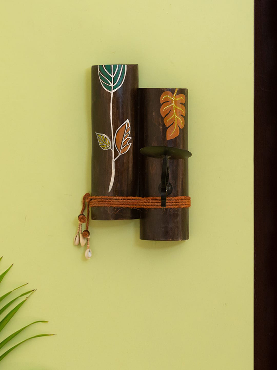 ExclusiveLane Brown Hand-Painted Teak Wood Tea Light Holder