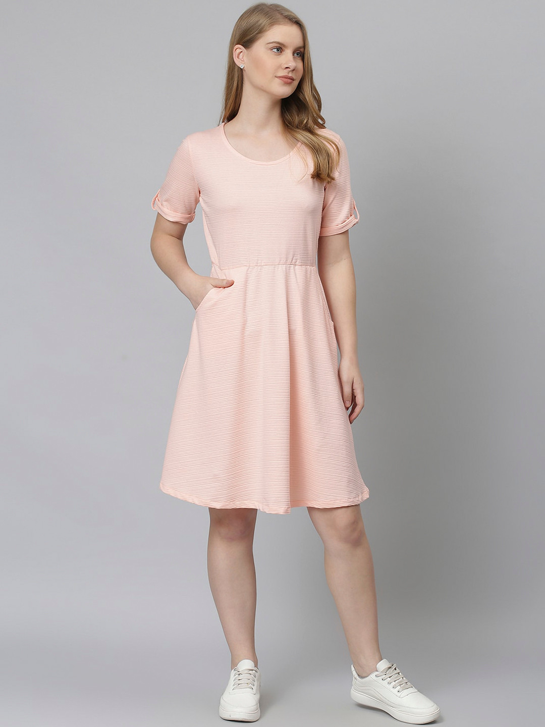 Campus Sutra Peach-Coloured Knee Length A-Line Dress