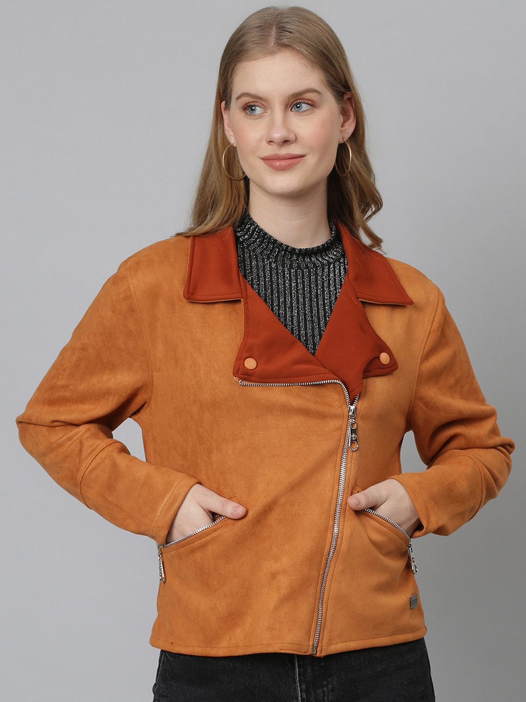 Campus Sutra Women Brown Suede Windcheater Tailored Jacket
