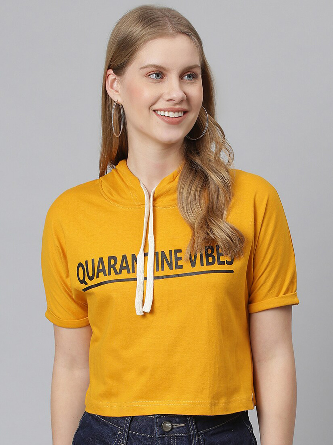 Campus Sutra Women Mustard Yellow Hooded Cotton Crop Top
