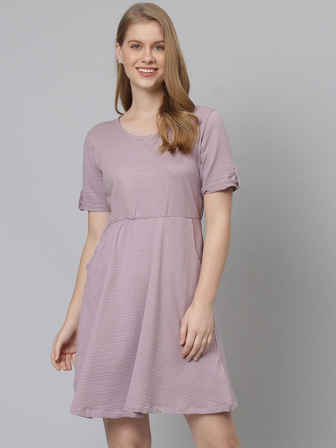 Campus Sutra Solid Lavender Casual Dress