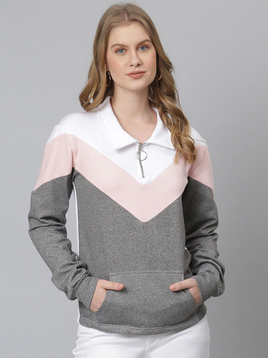 Campus Sutra Women White & Grey Colourblocked Sweatshirt