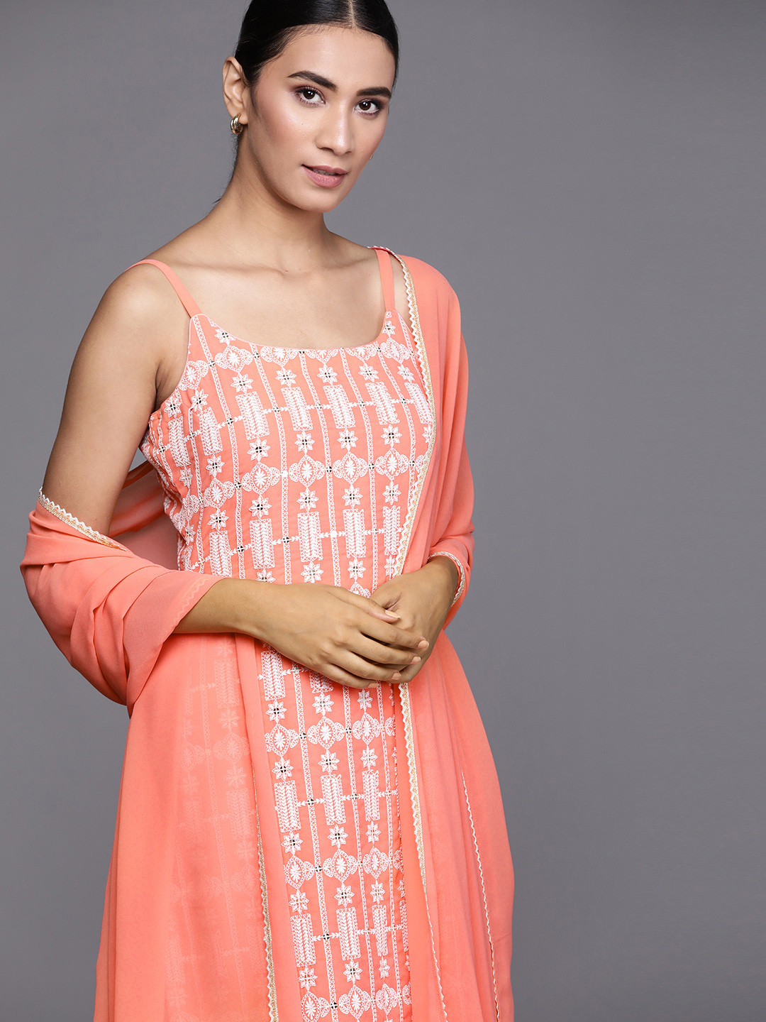 Libas Women Coral Orange & Off-White Embroidered Kurta with Palazzos & Dupatta