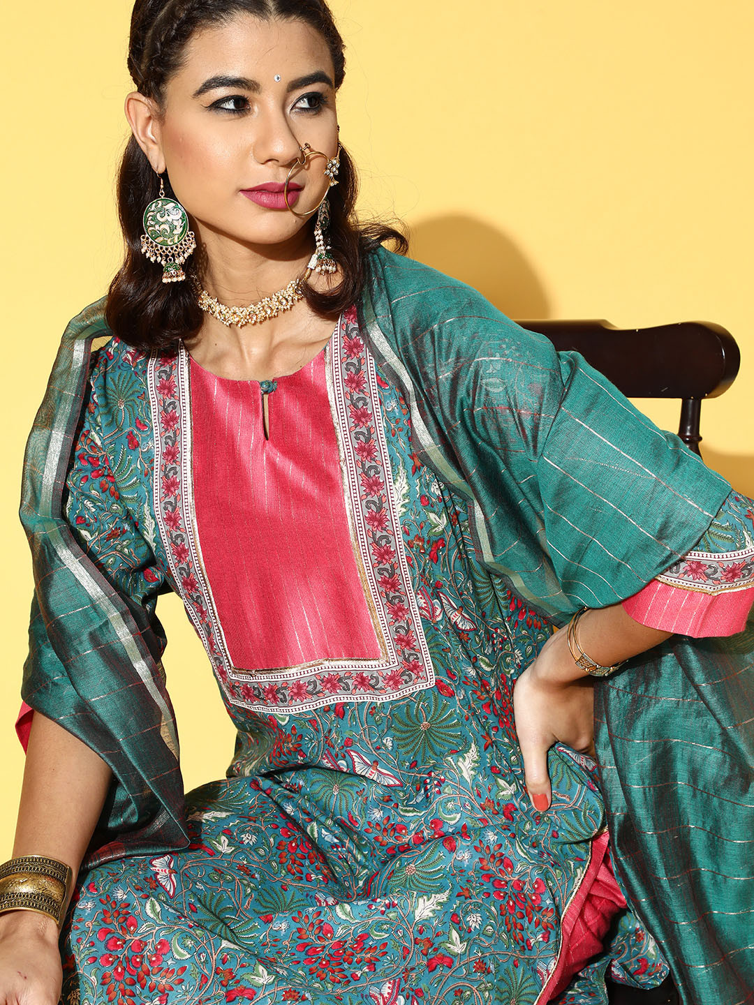 Indo Era Cotton Blend Romantic Florals Kurta Set