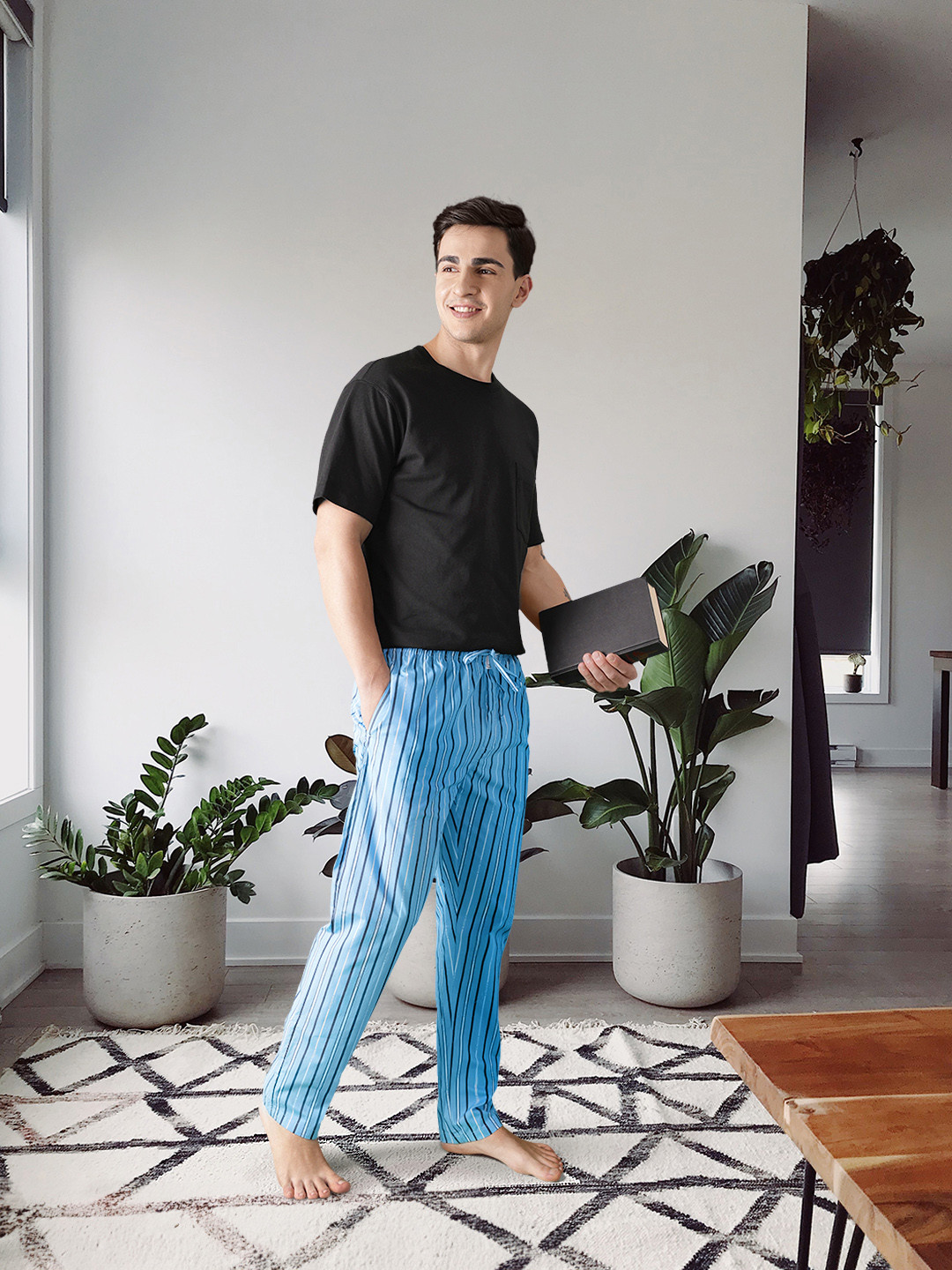 U.S. Polo Assn. Men Blue & Black Striped Pure Cotton Lounge Pants