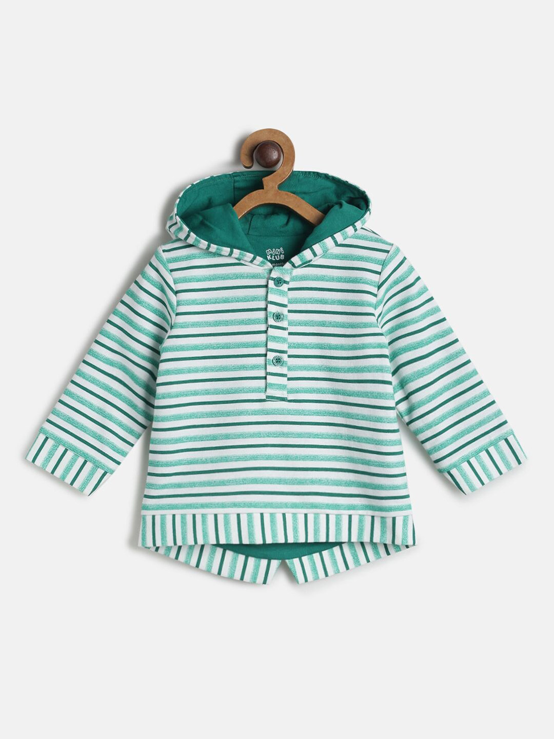 MINI KLUB Boys Green Striped Hooded Marshmallow Sweatshirt