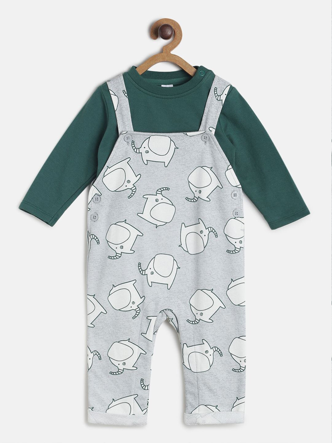 MINI KLUB Boys Grey & Green Printed Pure cotton T-shirt With Dungaree